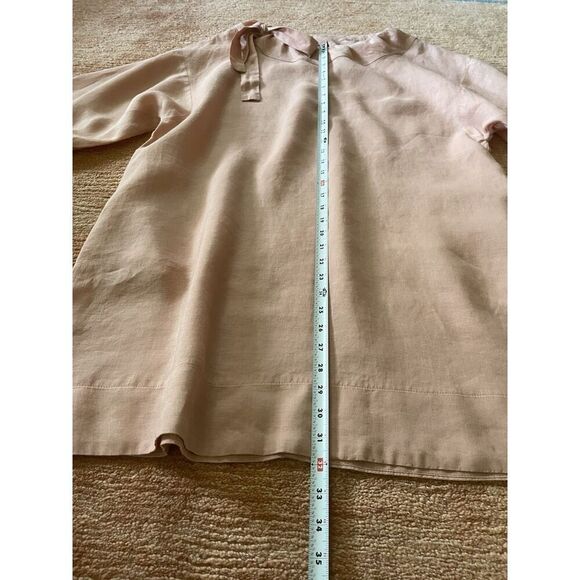 Blush Pink Linen Tunic Women’s Short Sleeve Top Bow Tie Neck Minimalist L/XL - Picture 4 of 7